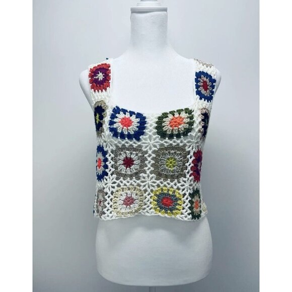 Handmade Crocheted Granny Square Cropped Hippie Tank Top Festival One Size White - Picture 3 of 7
